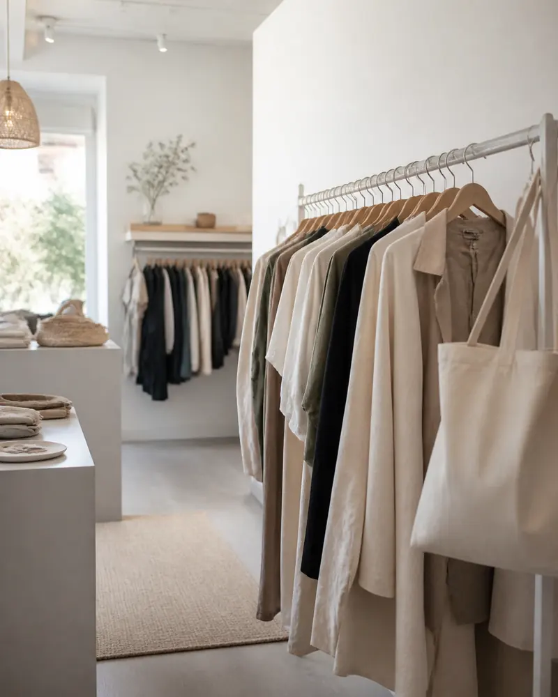 Clothes hanging on a rail in a boutique